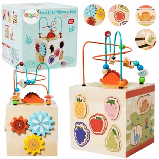 BEMI DREWNIANA KOSTKA SENSORYCZNA SORTER 5 PŁASZCZYZN LABIRYNT ZEGAR - Sortery dla dzieci - miniaturka - grafika 1