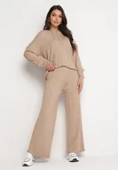 Komplety damskie - Beżowy Dzianinowy Komplet Bluza z Kapturem w Warkoczowy Splot i Spodnie z Szerokimi Nogawkami Narahai - miniaturka - grafika 1