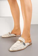 Klapki i japonki damskie - Beżowo-Srebrne Płaskie Klapki Mules z Metaliczną Nicią i Klamrą Tatirielis - miniaturka - grafika 1