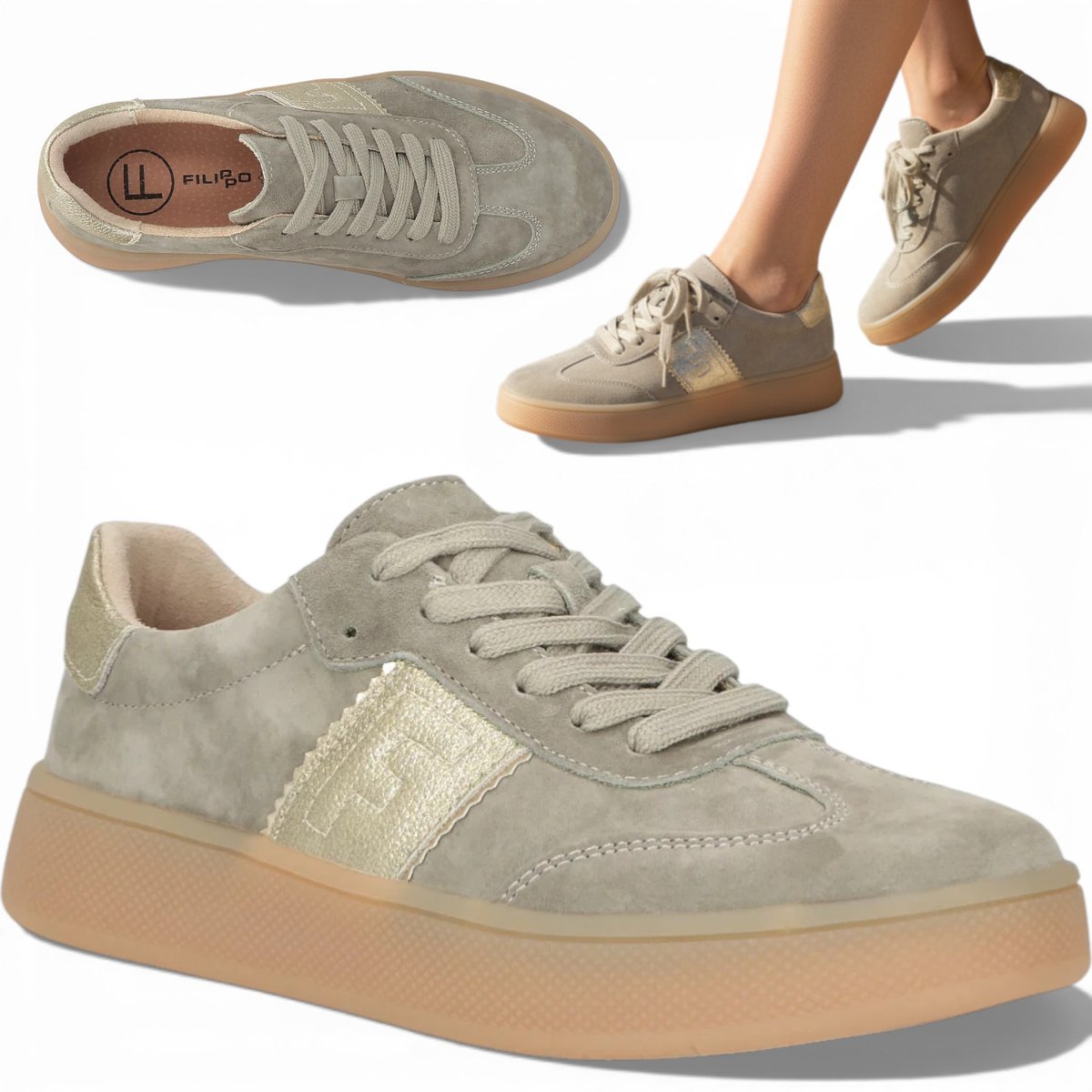 Sneakersy Damskie SKÓRZANE FILIPPO Zamsz Wygodne Półbuty Khaki Wiosenne 38