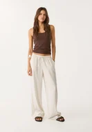 Spodnie damskie - Stradivarius Luźne spodnie z mieszanki lnu w paski Kamień XS - miniaturka - grafika 1