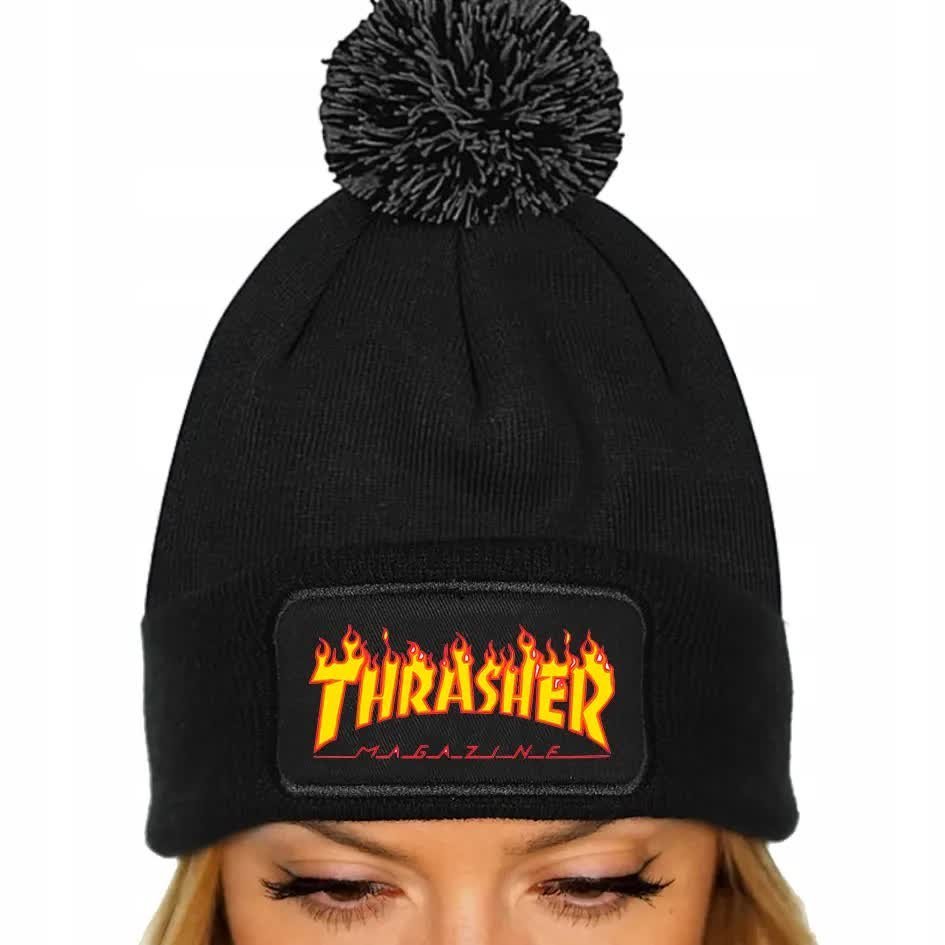 Czarna Czapka Zimowa Z Pomponem TRASHER Ciepła Na Prezent Mix Wzorów