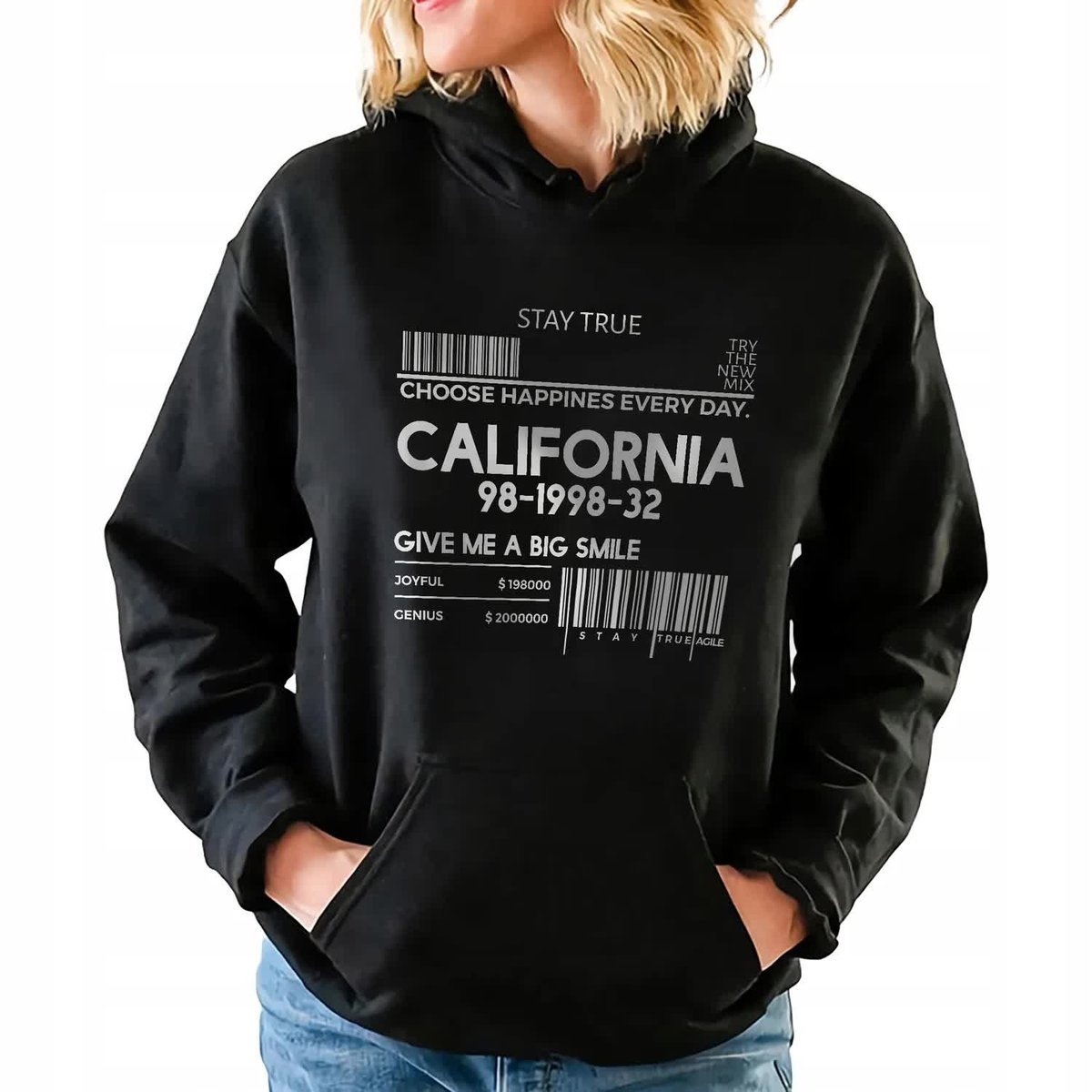 CZARNA BLUZA DAMSKA Z Kapturem CALIFORNIA ZABAWNE WZORY Rozmiar S