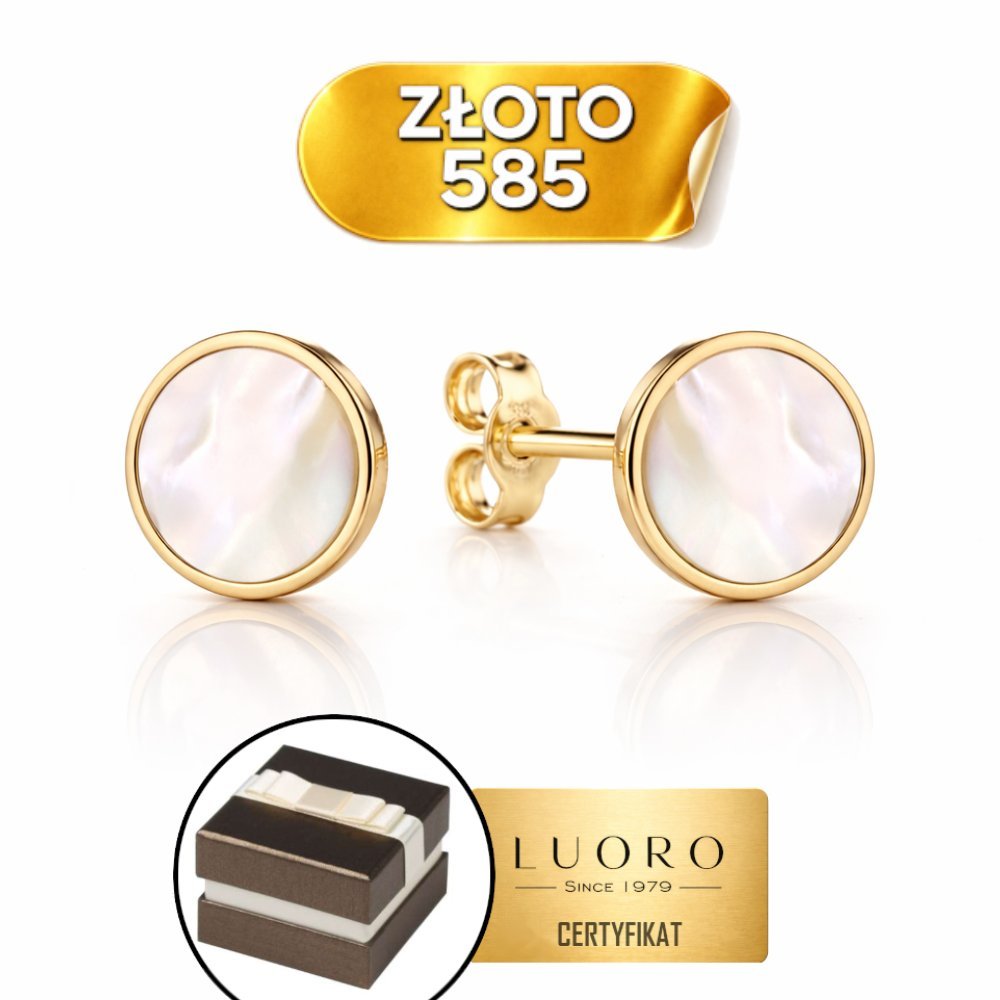 KOLCZYKI ZŁOTE 585 14K KÓŁECZKA Z MASĄ PERŁOWĄ NA SZTYFCIE 5,3 MM