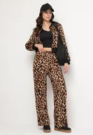 Spodnie sportowe damskie - Brązowy Komplet Dresowy w Panterkę Bluza ze Ściągaczami i Szerokie Spodnie Sonaniela - miniaturka - grafika 1