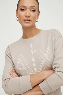 Bluzy damskie - Armani Exchange bluza damska kolor beżowy z nadrukiem - grafika 1