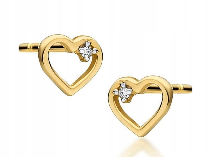 Złote kolczyki 585 sztyfty zakręcane serce z brylantami eleganckie 14k