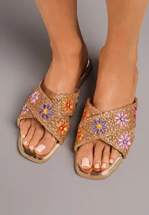 Brązowe Płaskie Klapki z Kwiatowym Zdobieniem Jenetta - Klapki i japonki damskie - miniaturka - grafika 1