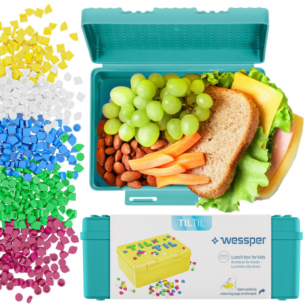 Wessper Lunchbox Kids, Kreatywne pudełko śniadaniowe dla dzieci z klockami Turkusowe spersonalizowane pudełko śniadaniowe 165X118X65Mm, bez Bpa Pudełko na chleb dla dzieci idealne do szkoły, przedszkola lub czasu wolnego
