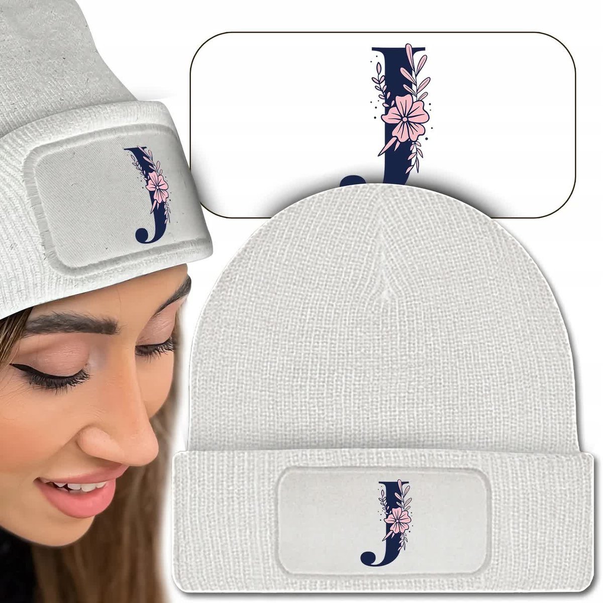 Ciepła Czapka Zimowa Biała LITERKI INICJAŁY Wzory