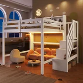 Łóżka dla dzieci i młodzieży - Łóżko piętrowe 140 x 200 cm z przegródkami i półkami - LED - Sosna + MDF + sklejka - Białe (Materac nie jest wliczony w cenę) - miniaturka - grafika 1