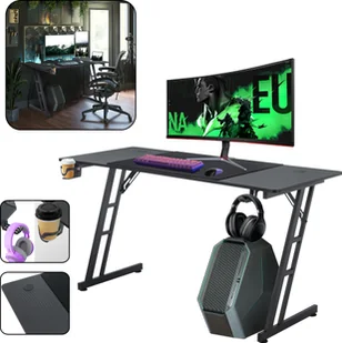 LZQ Biurko dla graczy Biurko dla graczy z uchwytem na kubek i haczykiem na słuchawki 120x60x74cm Biurko komputerowe Biurko PC Ergonomiczne biurko dla graczy do domowego biura (onhe LED) - Biurka gamingowe - miniaturka - grafika 1