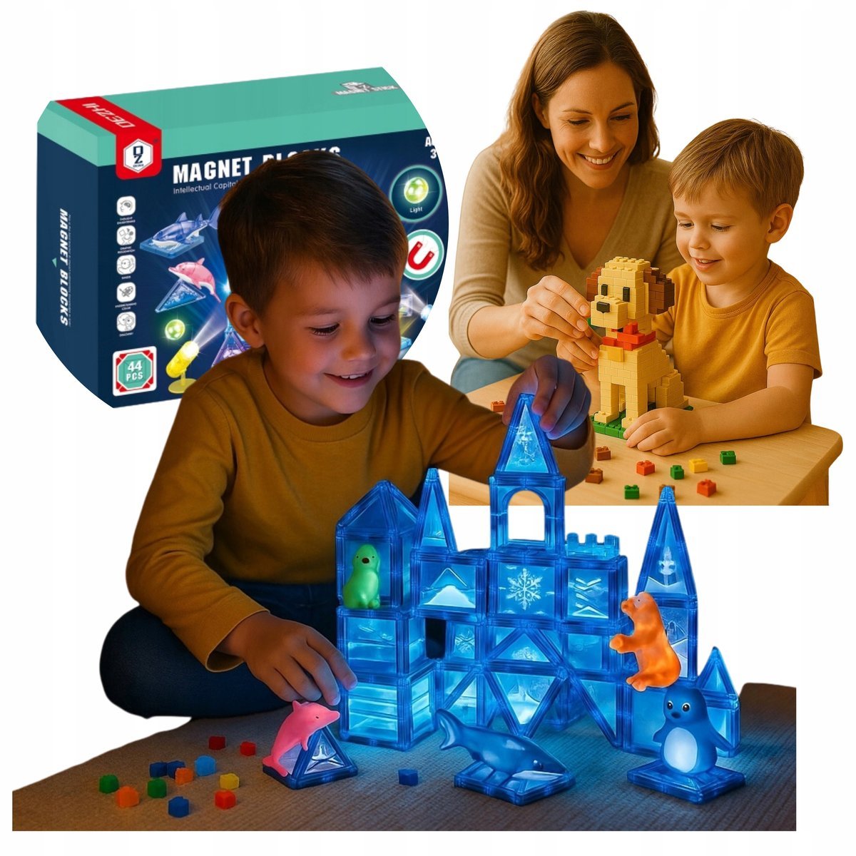 KLOCKI MAGNETYCZNE KONSTRUKCYJNE ZESTAW 3D EDUKACYJNE ŚWIECĄCE 124A-1 +GR