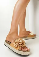 Klapki i japonki damskie - Brązowe Klapki na Plecionej Platformie z Ozdobnymi Kwiatami Serana - miniaturka - grafika 1