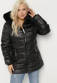 Kurtki damskie - Czarna Kurtka z Pikowanymi Przeszyciami i Odpinanym Futerkiem przy Kapturze Vensie - miniaturka - grafika 1
