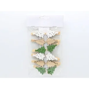 Spinacz świąteczny drewniany choinka 12 sztuk brązowy / biały / zielony - Ozdoby bożonarodzeniowe - miniaturka - grafika 1