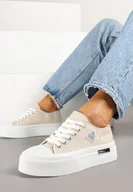 Trampki damskie - Beżowe Trampki na Platformie z Ozdobnym Napisem i Sercem Laviere - miniaturka - grafika 1