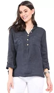 Bluzki damskie - Bonateks damska top 100% lniana tunika Made in Italy, zapinana na guziki bluzka z kołnierzem tunezyjskim z kieszeniami z przodu, granatowa, rozmiar: M, granatowy, M - miniaturka - grafika 1