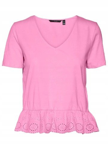 VERO MODA BLUZKA BAWEŁNIANA Z AŻUROWĄ FALBANĄ RÓŻOWA S J5E