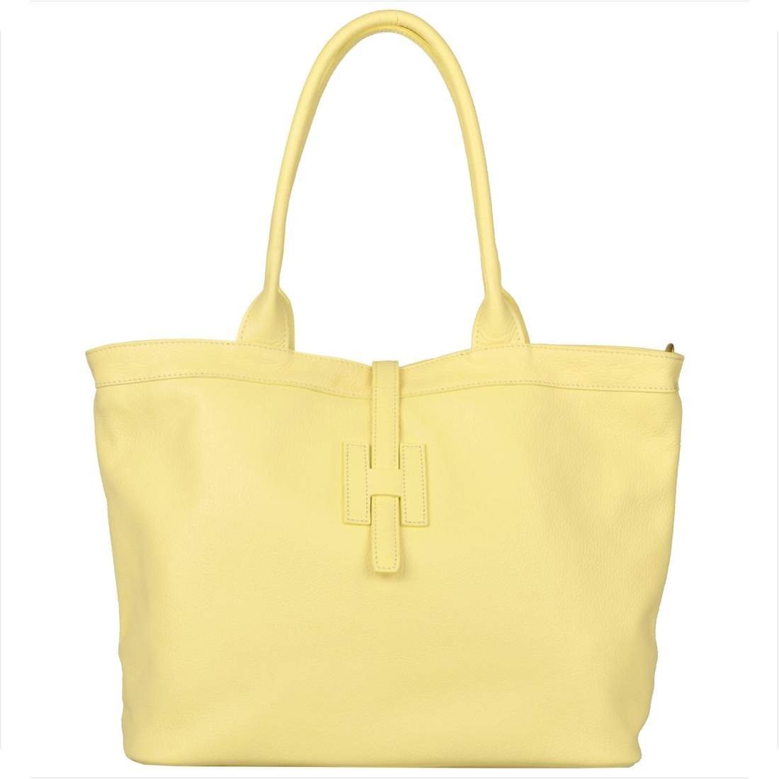 Torba shopper skóra naturalna pastelowy żółty XL złote okucia