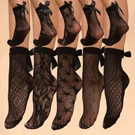 Inne - TEMU 5 szt. Eleganckie Damskie Skarpetki z Koronką i Kokardką - Wzory Kwiatowe i Geometryczne, Ultra-Cienka Mieszanka Nylonu, Oddychająca Siatkowa - miniaturka - grafika 1