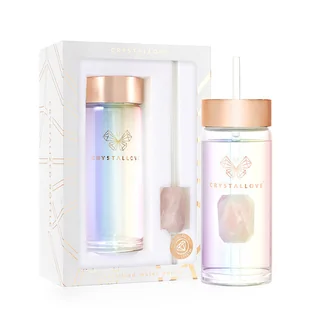 Szklana butelka na wodę z kwarcem różowym i słomką 400ml - hologram - Butelki termiczne - miniaturka - grafika 1