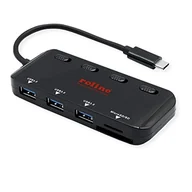 Czytniki kart pamięci - ROLINE Hub USB 3.2 Gen 1, 3-krotny, kabel przyłączeniowy typu C, z czytnikiem kart, możliwość przełączania pojedynczo, czarny - miniaturka - grafika 1