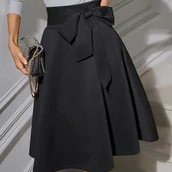 Inne - TEMU 1 szt. Elegancka spódnica midi z wysokim stanem i rozkloszowanym dołem, z detalem kokardy, 95% poliester 5% spandex dzianina, jednolity , - miniaturka - grafika 1