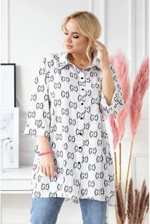 Bluzki damskie - Biała koszula tunika plus size z czarnym wzorem - rosalie xl (50/52) - XL-ka - grafika 1
