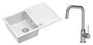 Zlewozmywaki z baterią - Quadron Unique Zlewozmywak granitowy jednokomorowy 78*50*22 cm z ociekaczem MORGAN 111 SNOW WHITE z syfonem Push-2-Open w kolorze stalowym z baterią NATALIE Q LINE kolor stal szczotkowana - miniaturka - grafika 1
