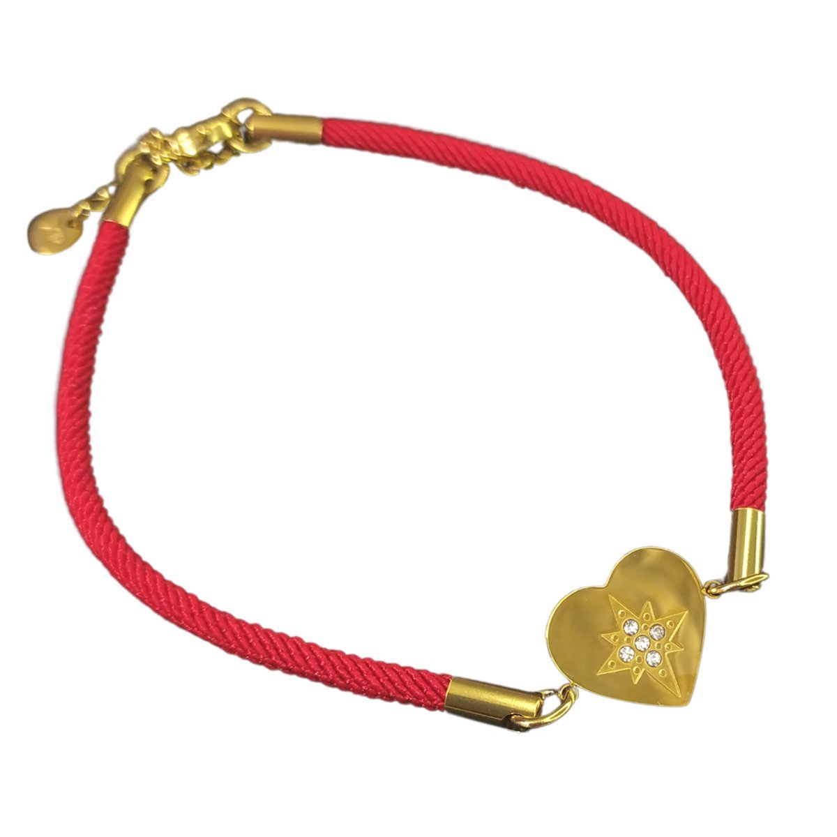 Bransoletka czerwony sznurek z sercem i cyrkoniami 21cm - Stal szlachetna