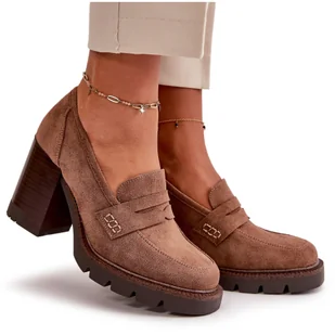 Półbuty Damskie Na Obcasie Słupku Z Eko Zamszu Brązowe Vinceza 58105 - Półbuty damskie - miniaturka - grafika 1