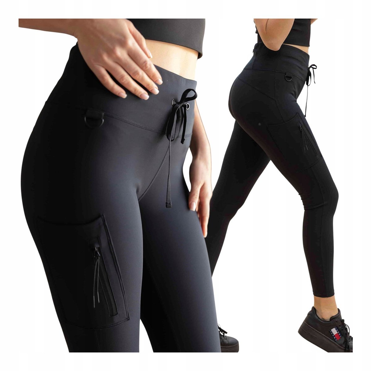 Wodoodporne legginsy damskie sportowe z kieszeniami czarne Legs XL