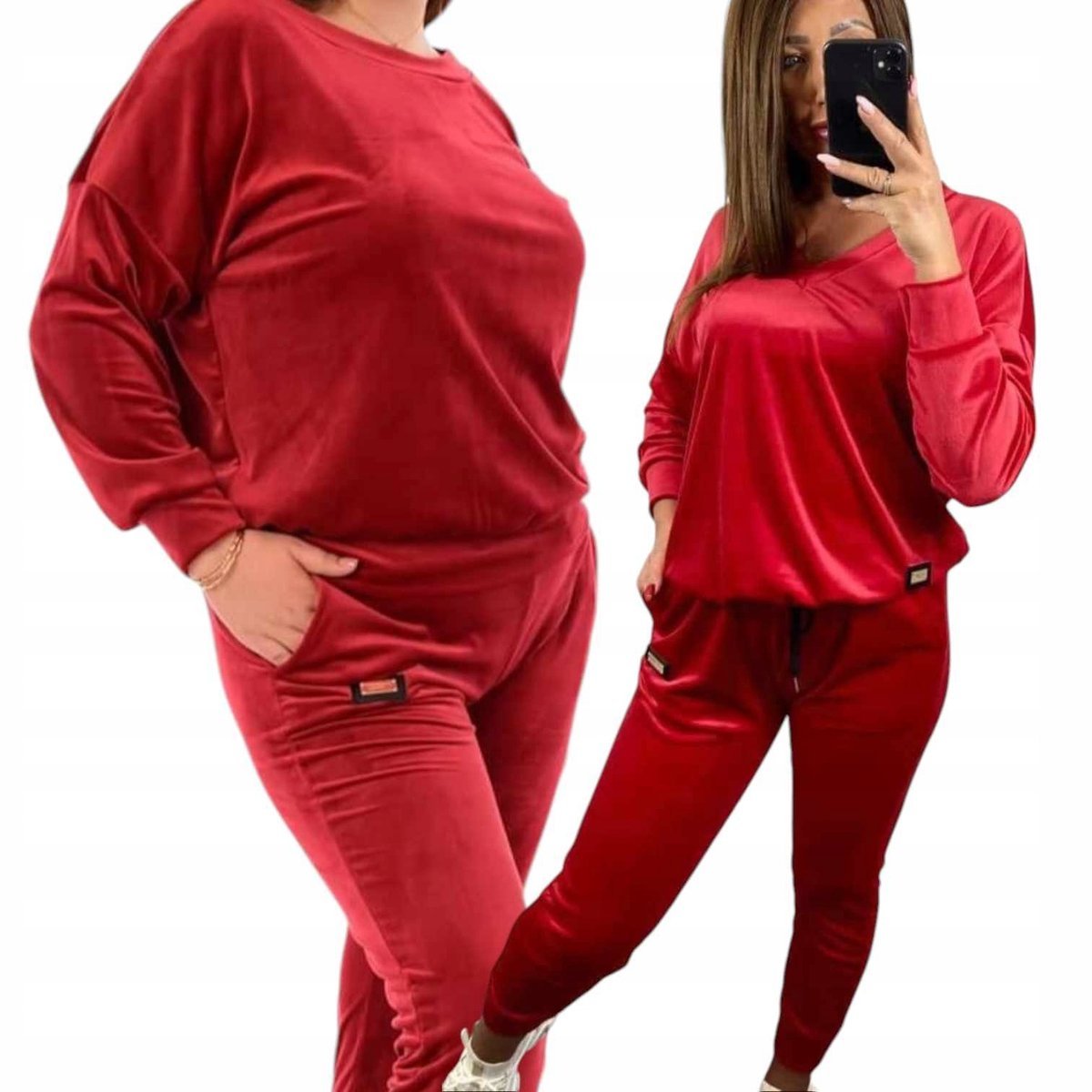 Dres WELUROWY komplet mięsisty przez głowę wygodny ciepły 50 52 5XL CZERWO