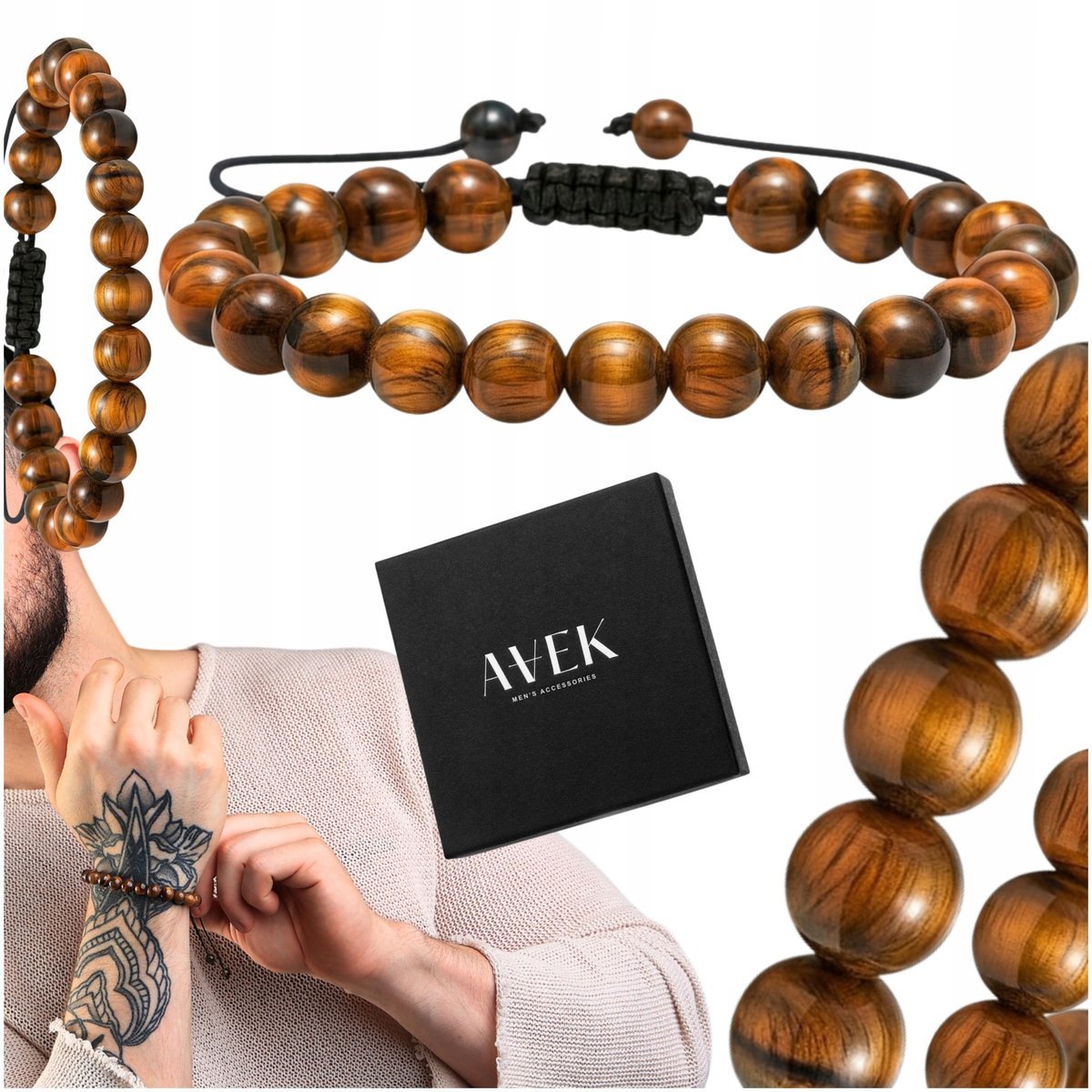 BRANSOLETKA MĘSKA Z KORALIKÓW BRĄZOWA Z KAMIENIA TIGER EYE REGULOWANA AVEK / AVEK