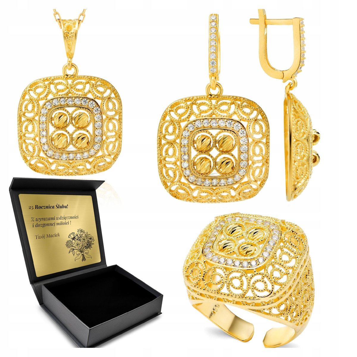 Komplet Biżuterii Złotej Cyrkonie Zestaw Dla Kobiety Srebro 925 + Grawer