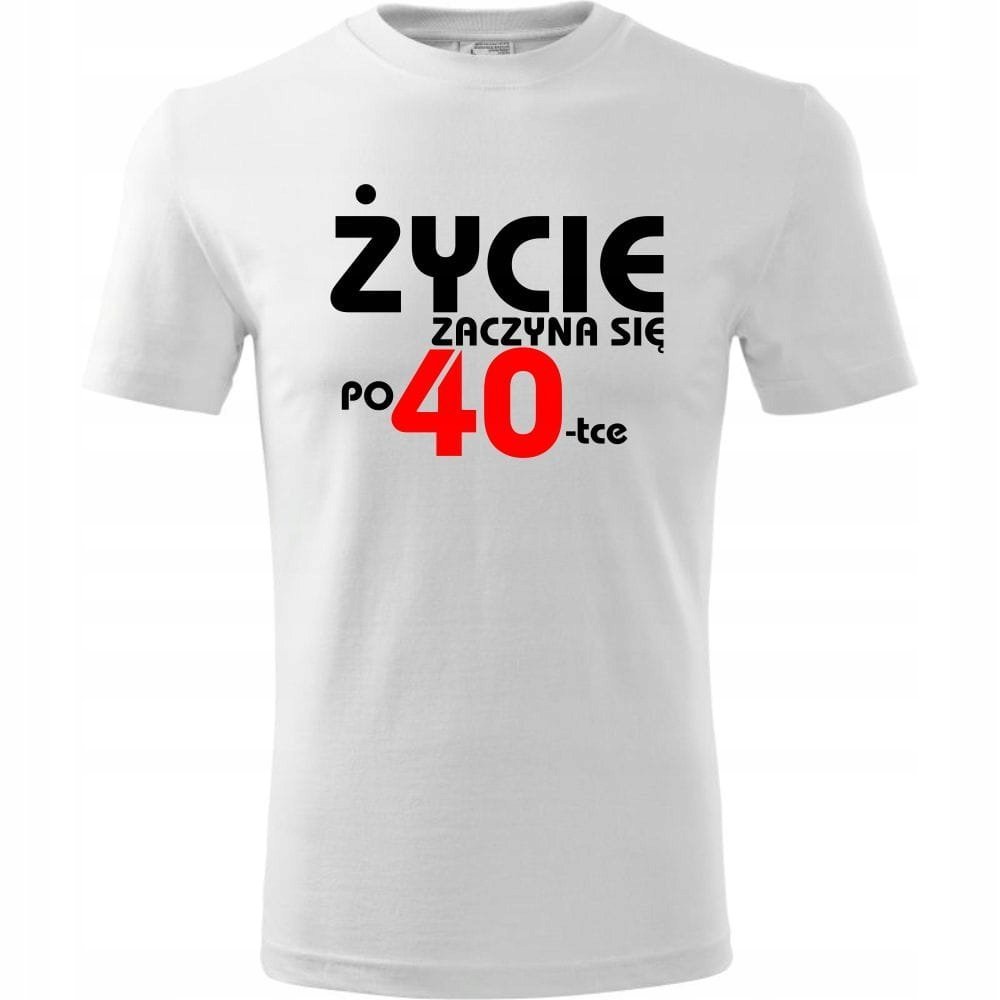 Męska Koszulka z Nadrukiem Życie zaczyna się po 40 na Prezent Urodzinowy biały L