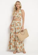 Komplety damskie - Pomarańczowo-Zielony Bawełniany Komplet Top na Ramiączkach z Gumką w Talii Szerokie Spodnie Palazzo Hoadia - miniaturka - grafika 1