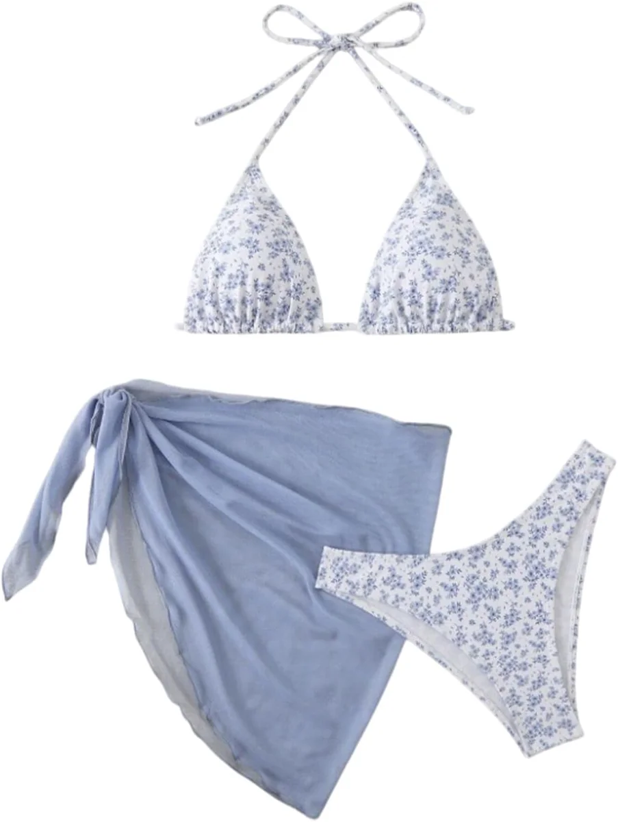 TOP BIKINI DAMSKIE ZESTAW 3-CZĘŚCIOWY KWIATOWY WZÓR DÓŁ OKRYCIE PLAŻA
