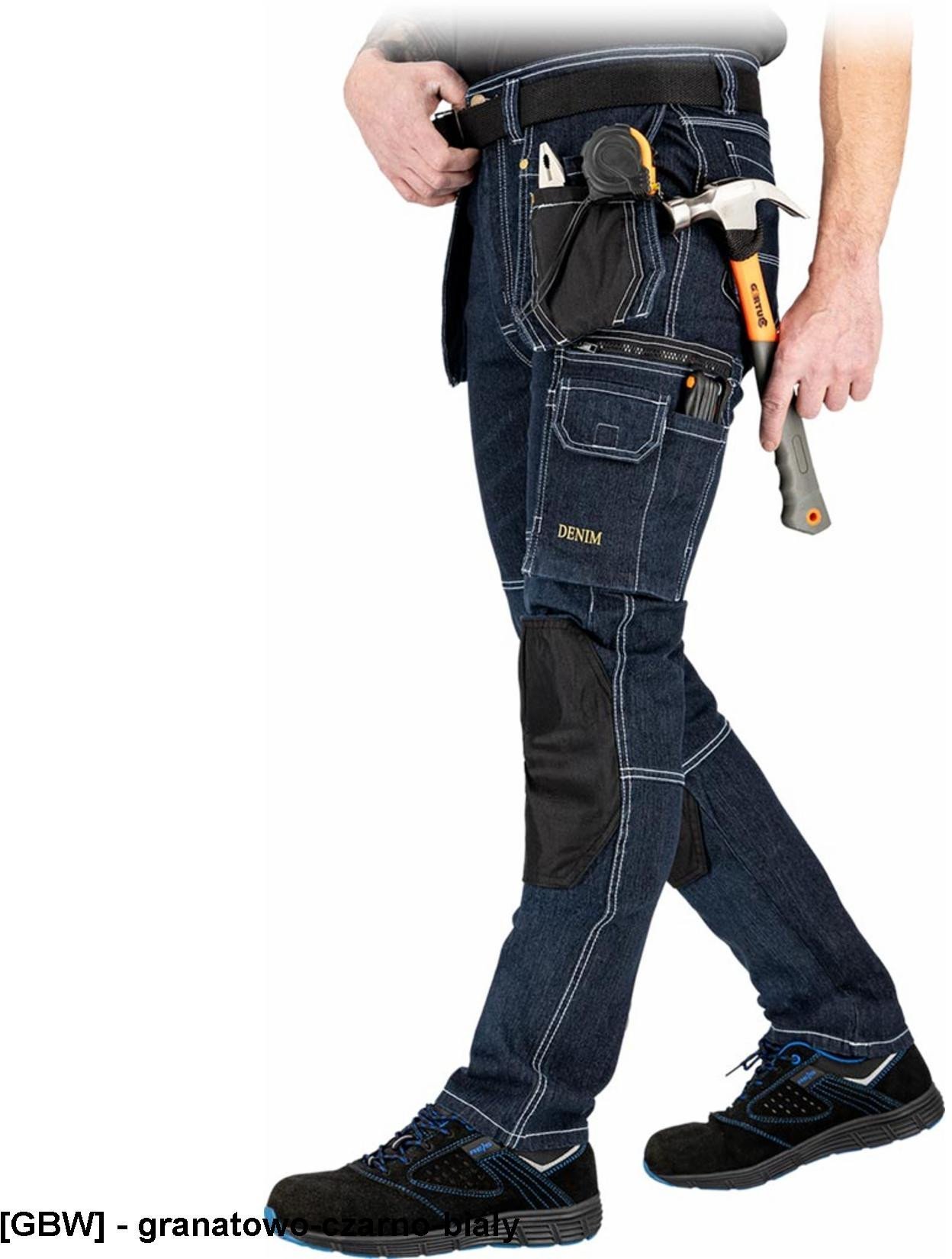 JEANS415-T - Elastyczne jeansowe spodnie ochronne do pasa 8 kieseni pętelki twill 60% bawełna 24% poliester 15% - granatowo-czarno-biały 48