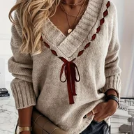 Swetry damskie - TEMU Elegancki sweter damski z dekoltem w serek - bluzka z długim rękawem i czerwoną kokardą, miękki sweter na co dzień i na specjalne okazje, odzież - miniaturka - grafika 1