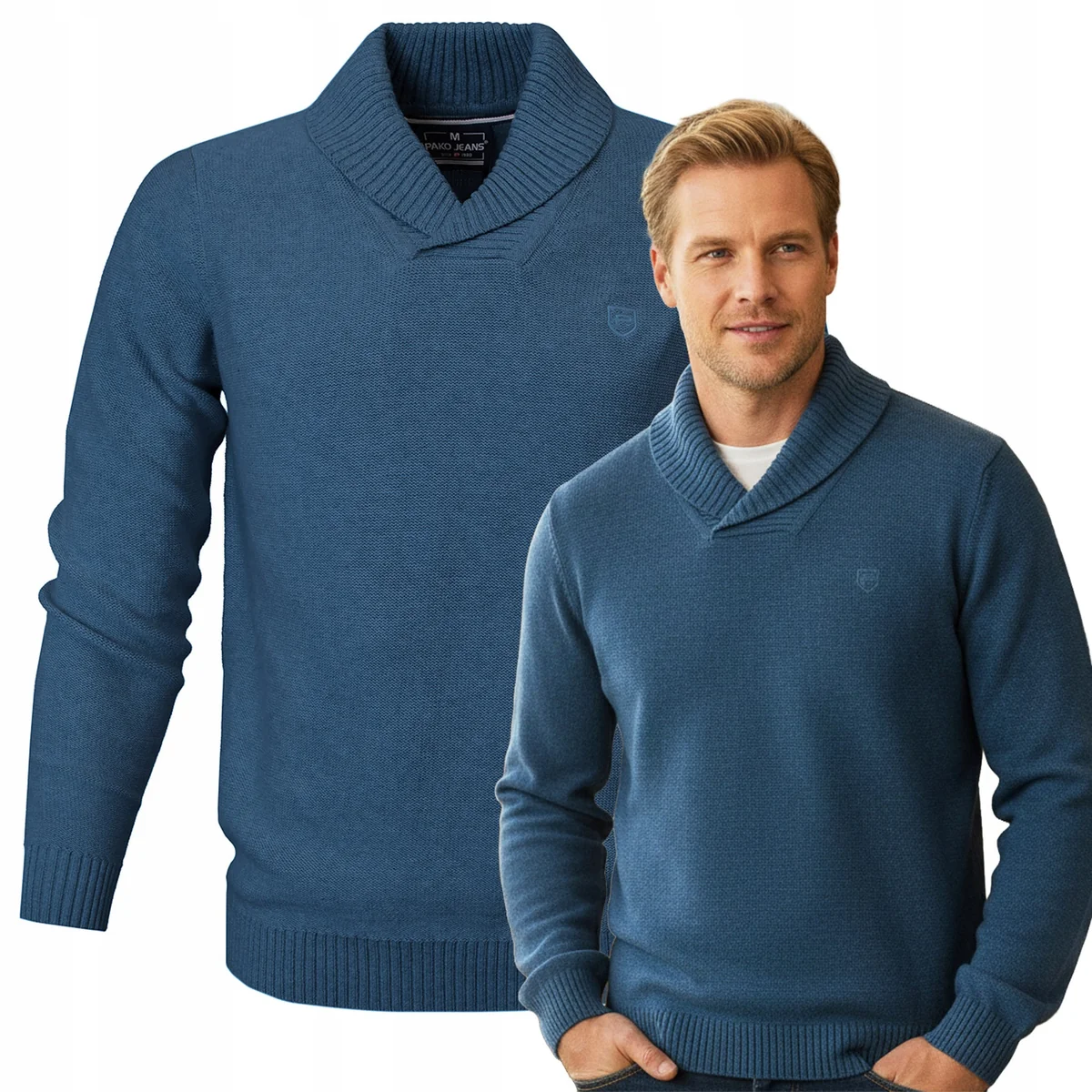 Elegancki SWETER Męski Bawełniany z Kołnierzem CIEMNONIEBIESKI Pako Jeans Elegancki SWETER Męski Bawełniany z Kołnierzem NIEBIESKI XL Pako Jeans