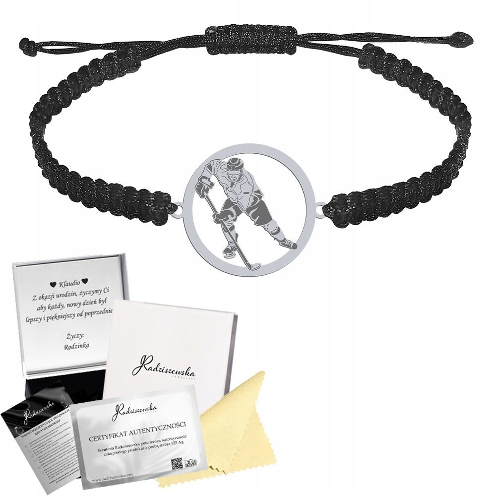 Bransoleta Męska Hokej HOKEISTA Srebro 925 Makrama Prezent GRAWER GRATIS