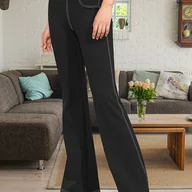 Inne - TEMU 1 szt. Damskie rozszerzane spodnie do jogi z wysokim stanem, jednokolorowe spodnie sportowe z poliestru z kieszeniami, dzianinowy materiał, - miniaturka - grafika 1