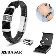 Bransolety męskie - SERASAR męska skórzana bransoletka „Ring”, srebrna, 23 cm - ze stalowym zapięciem magnetycznym - w zestawie pudełko prezentowe - modna opaska na nad.. - miniaturka - grafika 1