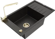 Zlewozmywaki z baterią - Mexen Elias zlewozmywak granitowy 1-komorowy z ociekaczem i baterią kuchenną Rita, czarny/złoty metalik - 6511-75-670300-50 - miniaturka - grafika 1