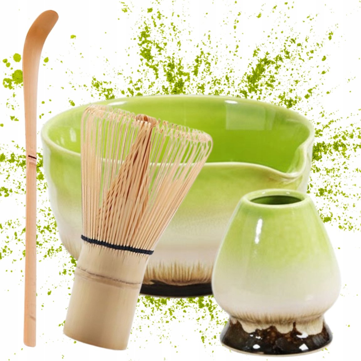 Matcha Zestaw do parzenia Miotełka Czarka Łyżeczka Trzymak Ceramiczny