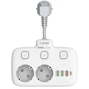 Listwa zasilająca z 2 gniazdami AC, 3x USB, USB-C, LDNIO SE2435, 2500W (biała) - Listwy zasilające - miniaturka - grafika 1