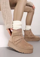 Śniegowce damskie - Ciemnobeżowe Śniegowce na Grubej Podeszwie Zapinane na Rzepy Tarorelle - miniaturka - grafika 1