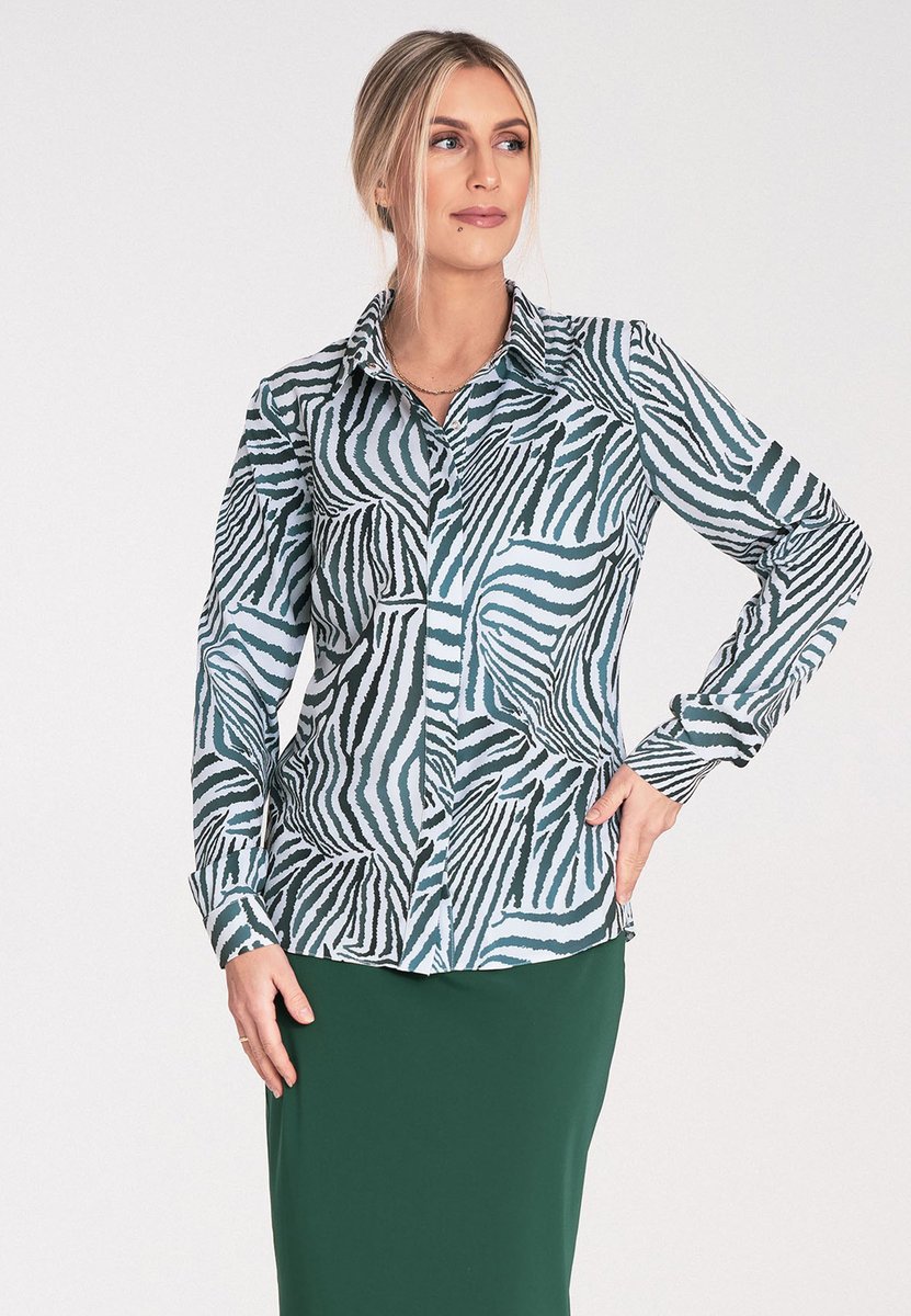 Elegancka koszula damska z kołnierzykiem regular fit we wzór zebra z długim rękawem - M1068, zielona zebra, L